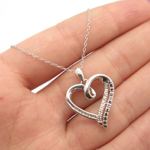 925 Sterling Silver Real White Diamond Open Heart Rolo Chain Necklace 16"