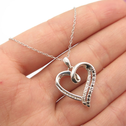 925 Sterling Silver Real White Diamond Open Heart Rolo Chain Necklace 16"