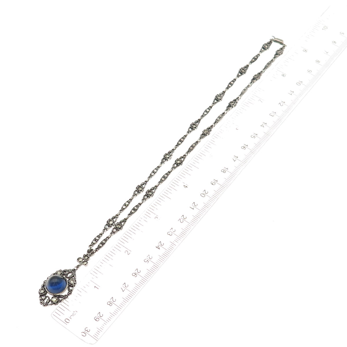 925 Sterling Antique Art Deco Real Marcasite & Blue Glass Chain Necklace 14"