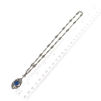 925 Sterling Antique Art Deco Real Marcasite & Blue Glass Chain Necklace 14"