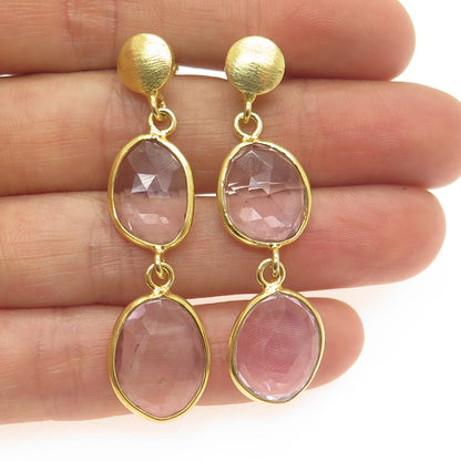 925 Sterling Silver Gold Plated Vintage Amethyst Modernist Dangle Earrings