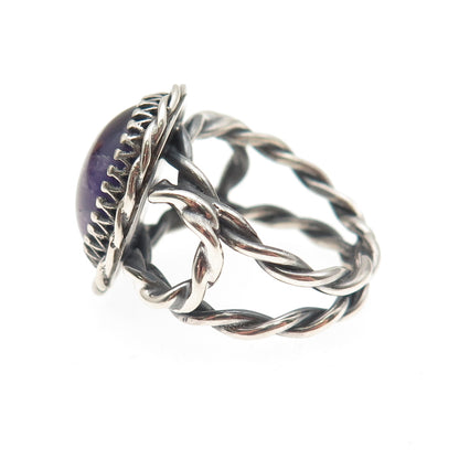 925 Sterling Silver Vintage Real Amethyst Modernist Oxidized Ring Size 6.75