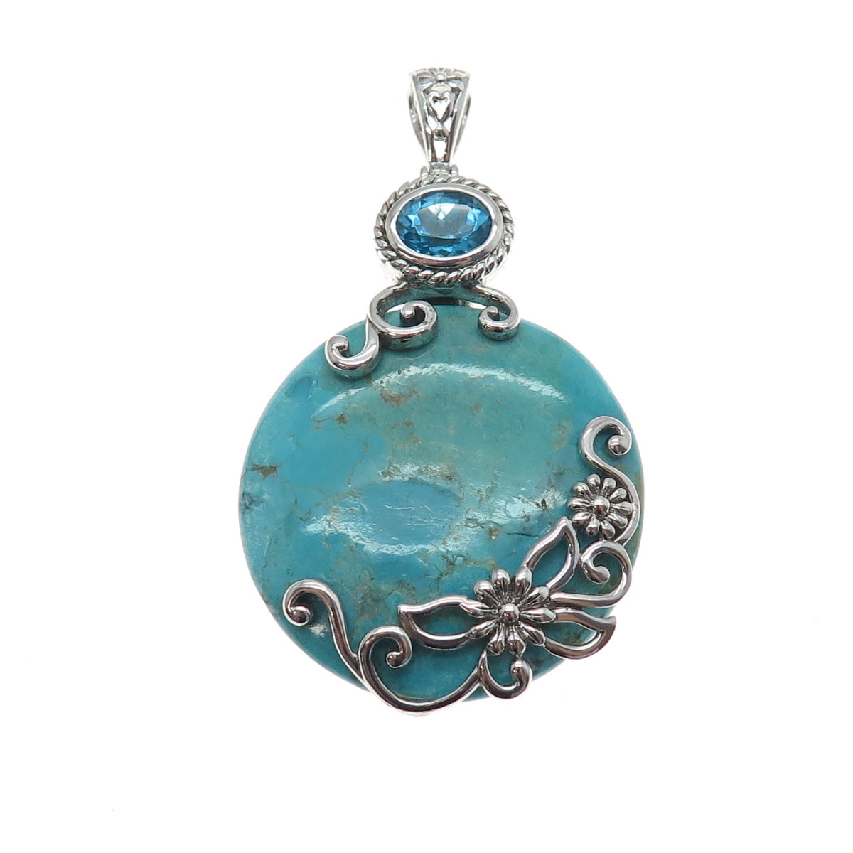 CHAPAL ZENRAY 925 Sterling Silver Vintage Real Turquoise & Blue Topaz Pendant