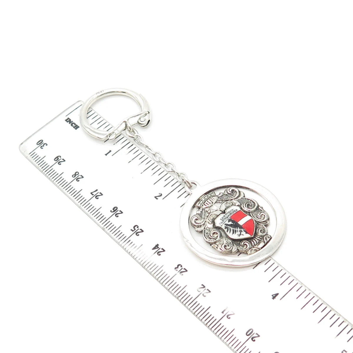 800 Silver Vintage Enamel "Garmisch-Partenkirchen" Coat of Arms Key Ring w/Chain