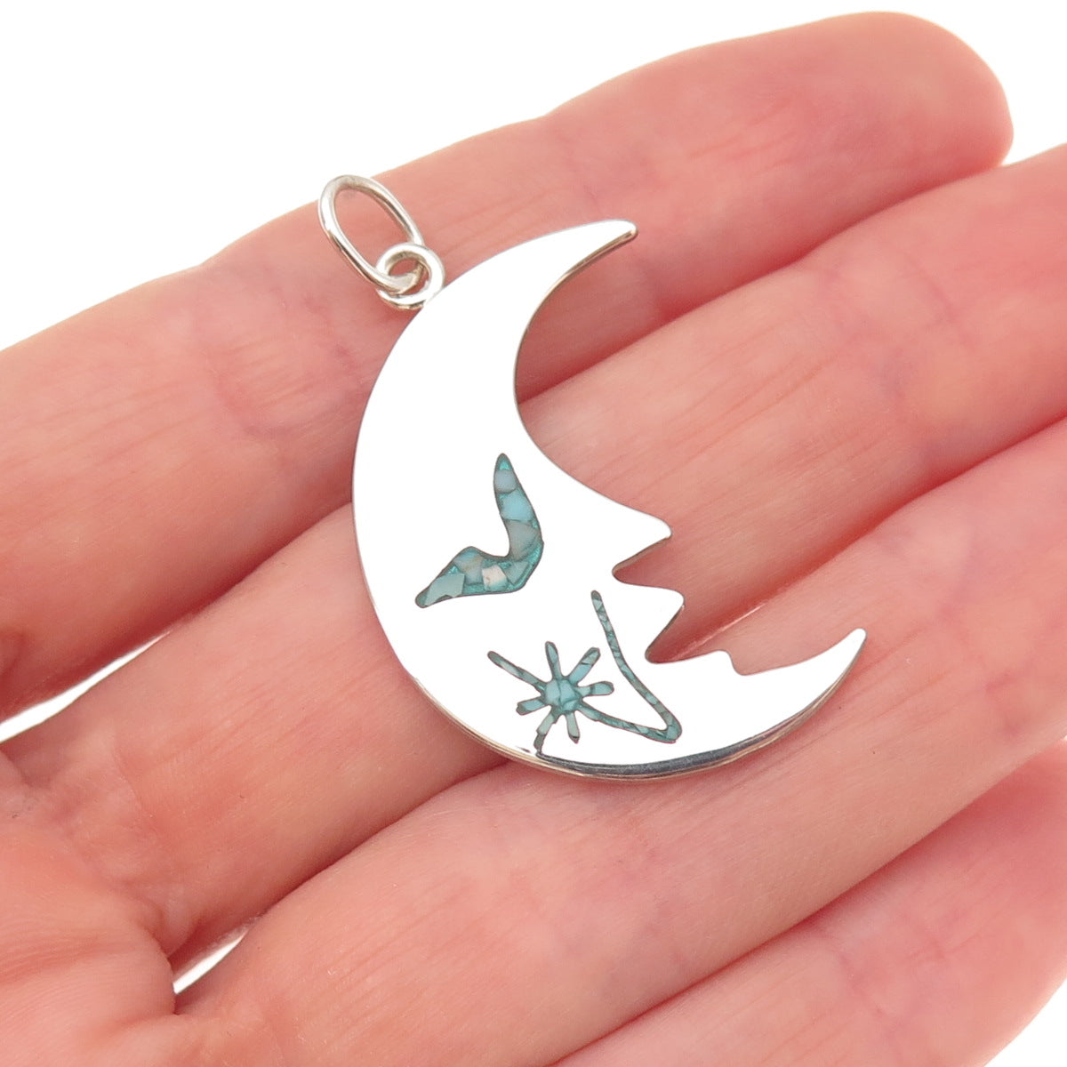 925 Sterling Vintage Real Turquoise Inlay Man in The Moon Crescent Charm Pendant