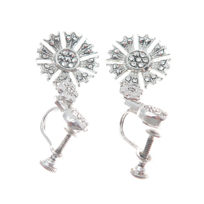 925 Sterling Silver Antique Real Marcasite Gemstone Flower Dangle Earrings