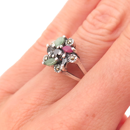 925 Sterling Silver Vintage Real Emerald Ruby Black Spinel Marcasite Ring Size 6