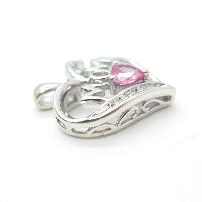 SUN 925 Sterling Silver Real Round Diamond & Pink Sapphire "MOM" Heart Pendant