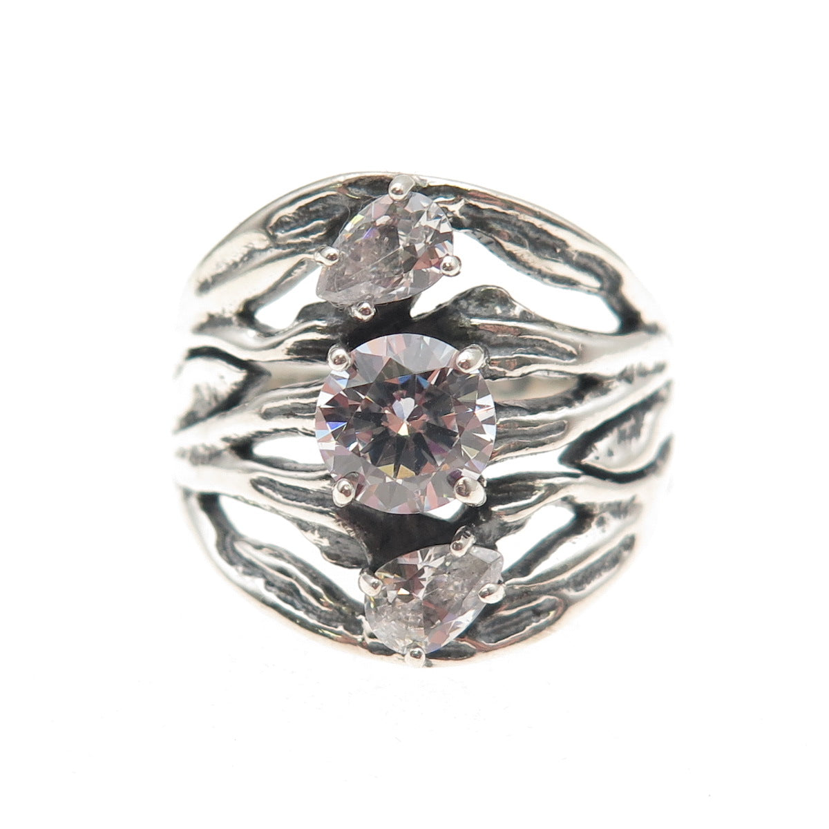 925 Sterling Silver Vintage Round & Pear-Cut C Z Modernist Oxidized Ring Size 10
