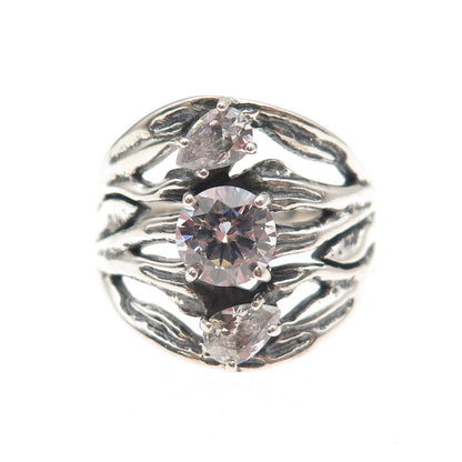 925 Sterling Silver Vintage Round & Pear-Cut C Z Modernist Oxidized Ring Size 10