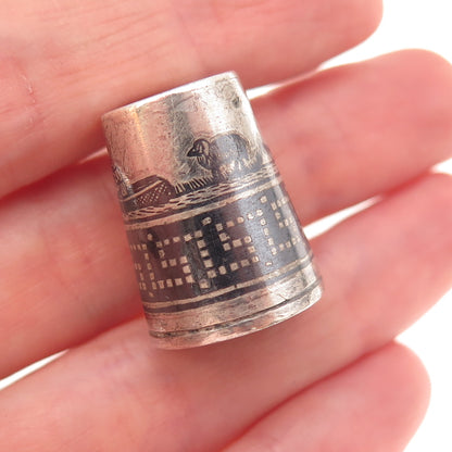 925 Sterling Silver Antique Art Deco Niello Oxidized Sewing Thimble
