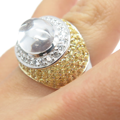 925 Sterling Silver Clear Quartz Canary & White C Z Dome Ring Size 6