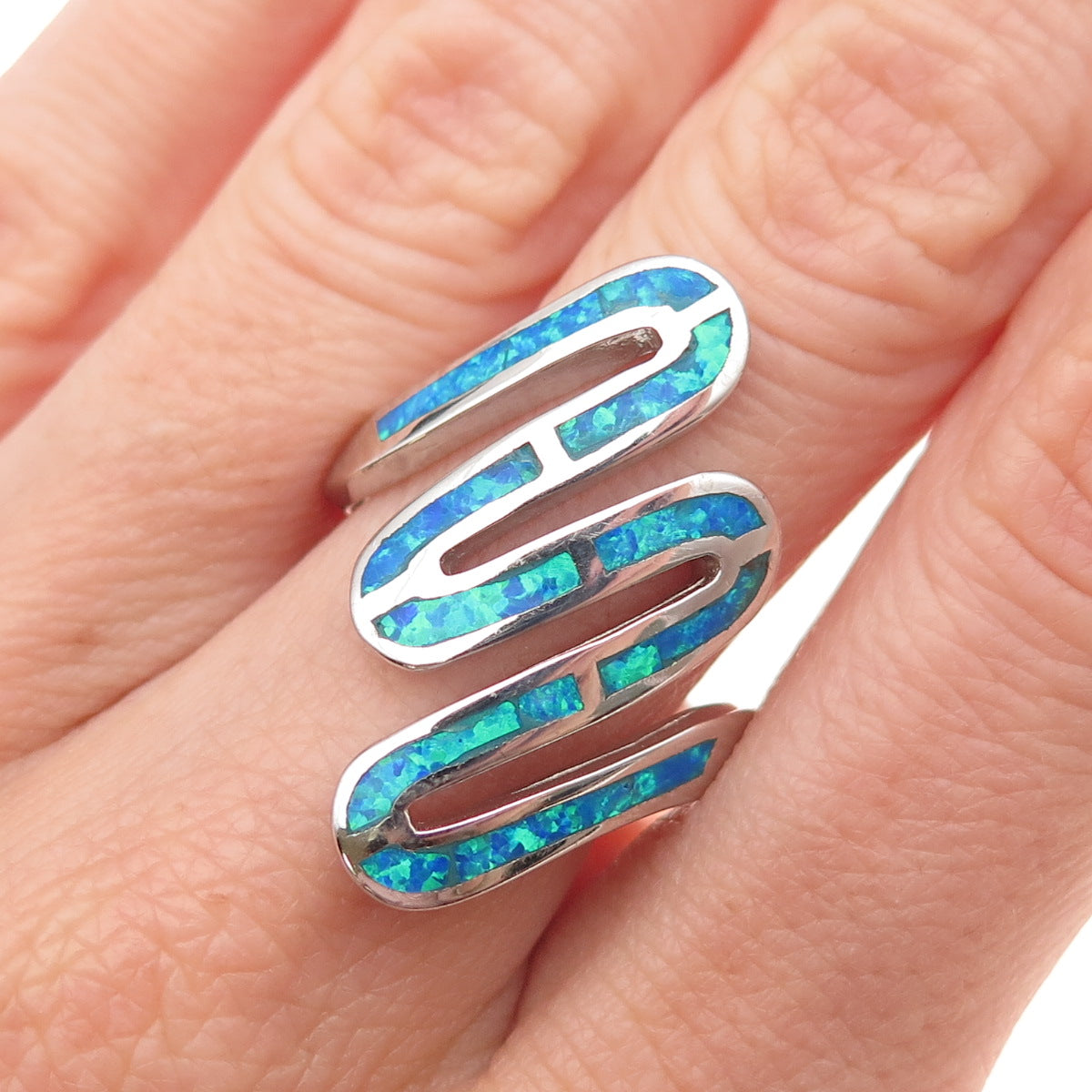 925 Sterling Silver Real Opal Modernist Zig Zag Ring Size 9