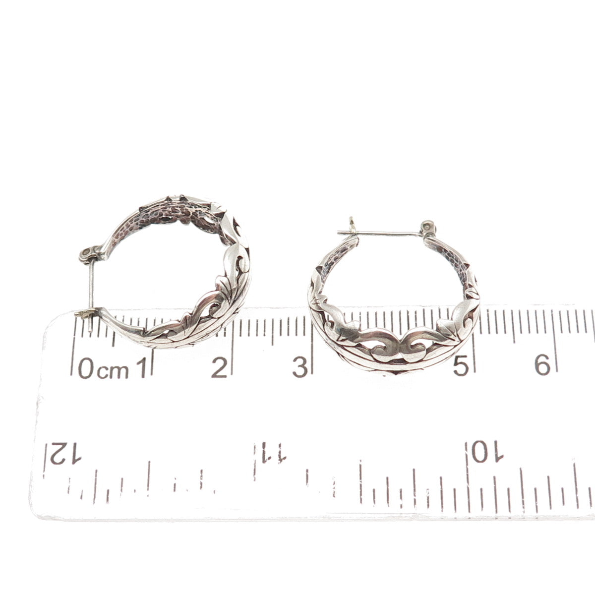 925 Sterling Silver Vintage Modernist Ornate Oxidized Hoop Earrings