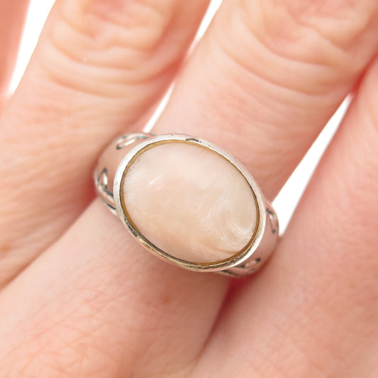 925 Sterling Silver Vintage Real MOP Modernist Scroll Oxidized Ring Size 8