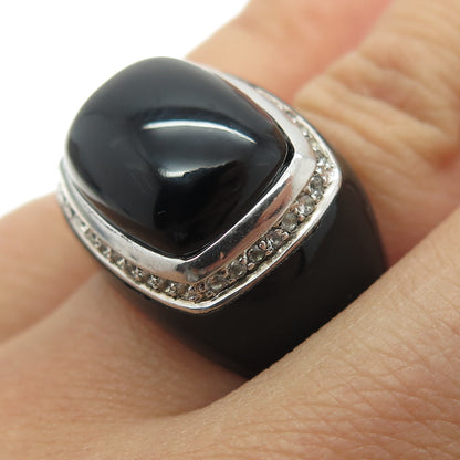 925 Sterling Silver Enamel Real Black Onyx & White Topaz Ring Size 7.25
