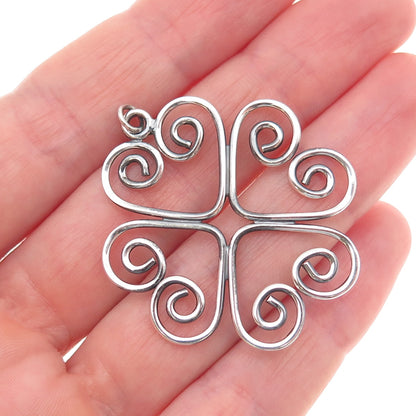 925 Sterling Silver Vintage Heart Clover Good Luck Oxidized Charm Pendant