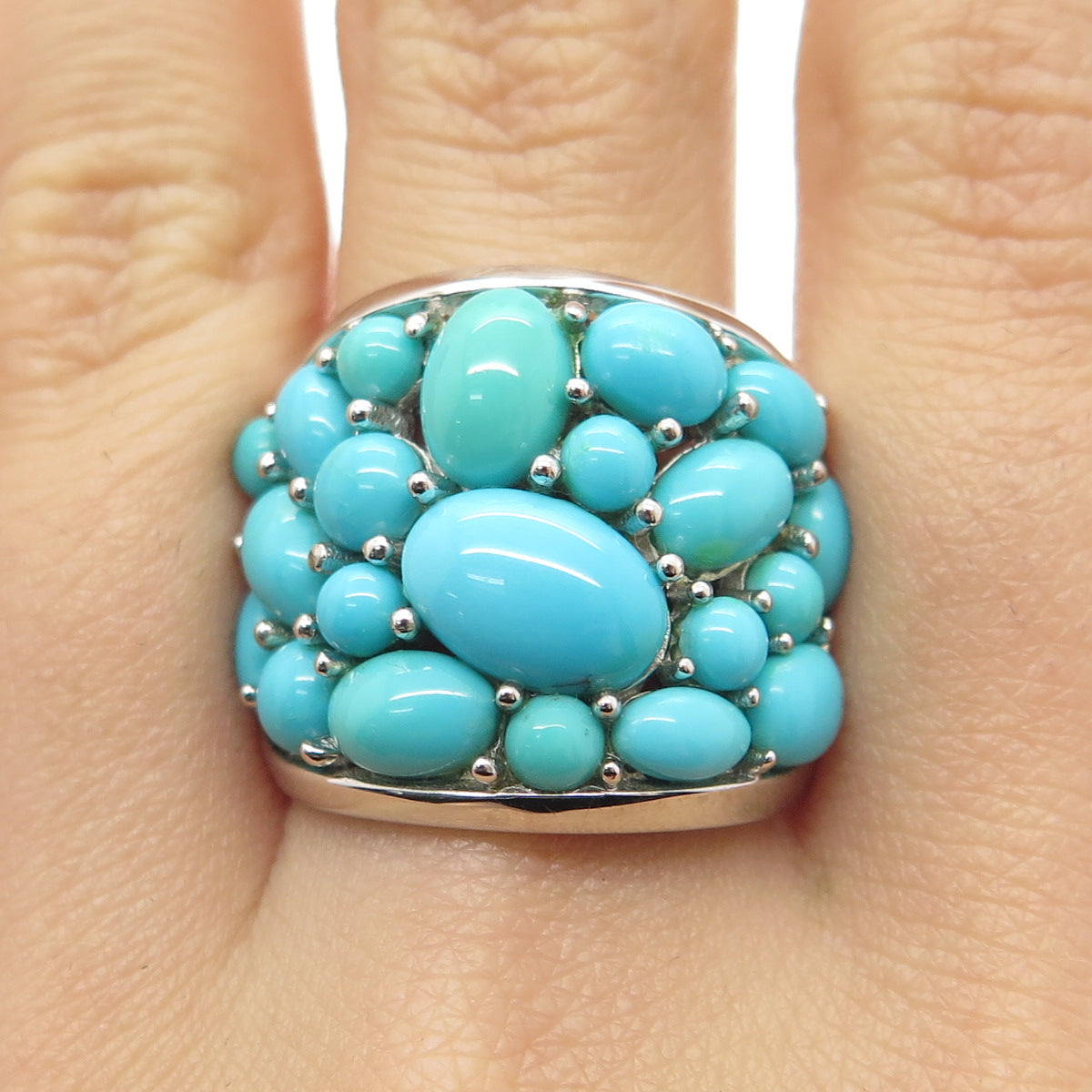 925 Sterling Silver Real Sleeping Beauty Turquoise Cluster Ring Size 7.25