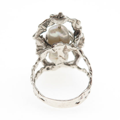 925 Sterling Silver Vintage Real Baroque Pearl Modernist Ring Size 8
