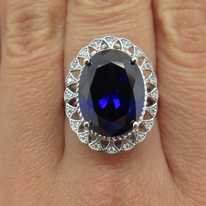 DSMK 925 Sterling Silver Oval-Cut Nano Sapphire & C Z Ring Size 7.25