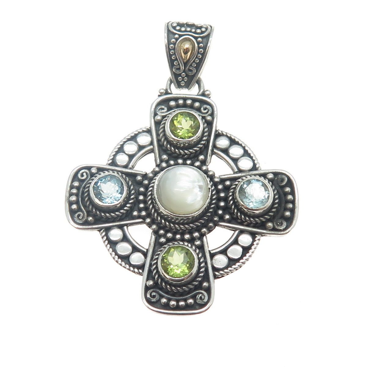 925 Sterling Silver & 18K Gold Vintage Real MOP Blue Topaz Peridot Cross Pendant