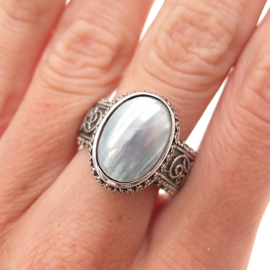 Lori Bonn 925 Sterling Silver Vintage Real MOP Swirl Oxidized Ring Size 7.25