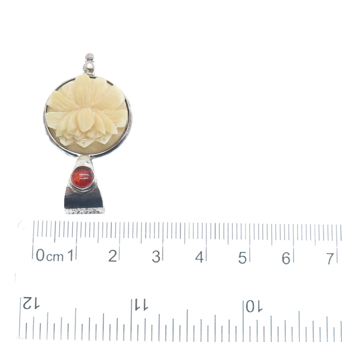 925 Sterling Silver Vintage Real Red Amber & Carved MOP Flower Pendant