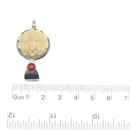 925 Sterling Silver Vintage Real Red Amber & Carved MOP Flower Pendant