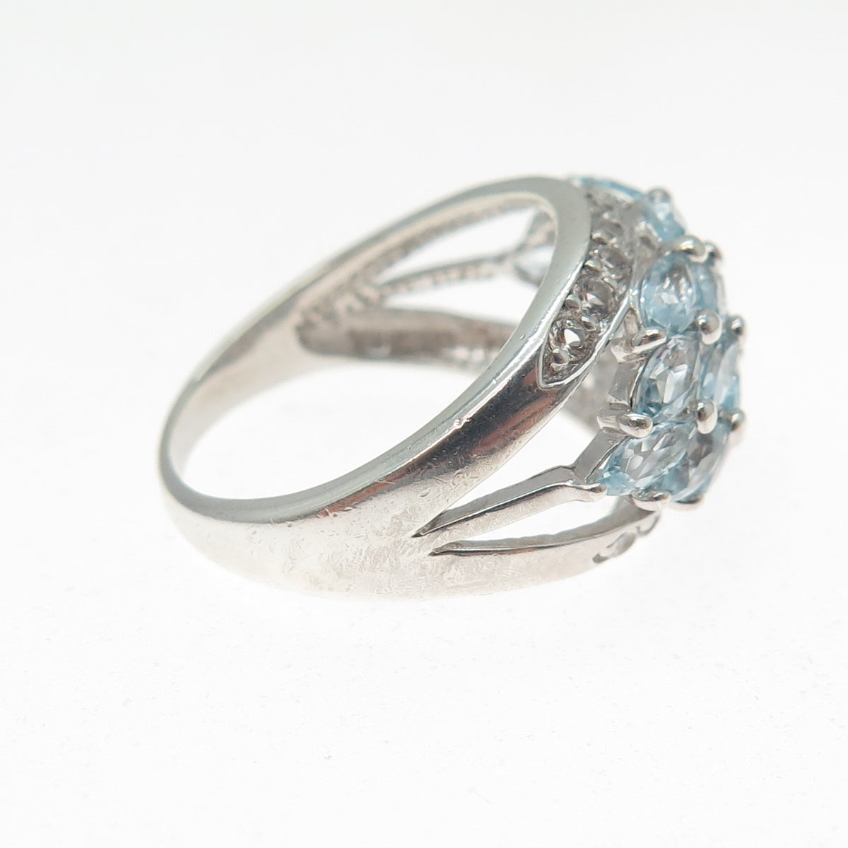HAN 925 Sterling Silver Real Marquise & Round-Cut Blue White Topaz Ring Size 8.5