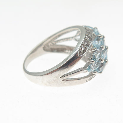 HAN 925 Sterling Silver Real Marquise & Round-Cut Blue White Topaz Ring Size 8.5