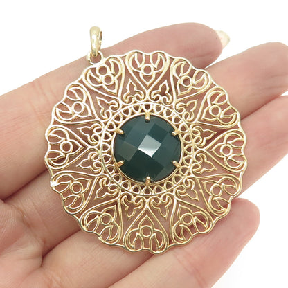 LIRM 925 Sterling Silver Gold Plated Real Green Onyx Fleur de Lis Round Pendant