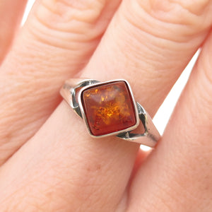 925 Sterling Silver Vintage KW Poland Real Amber Modernist Ring Size 7.75