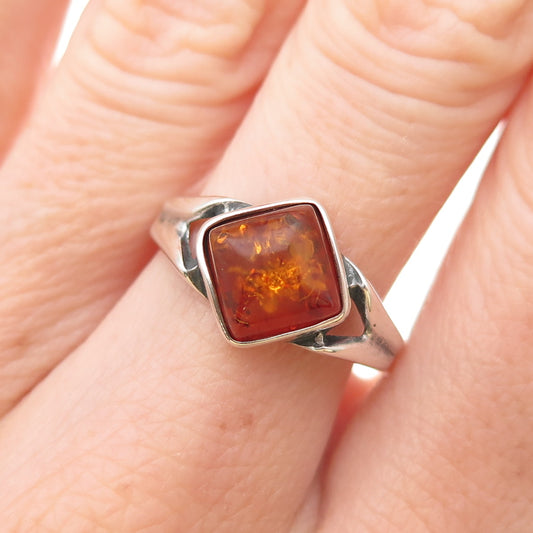 925 Sterling Silver Vintage KW Poland Real Amber Modernist Ring Size 7.75