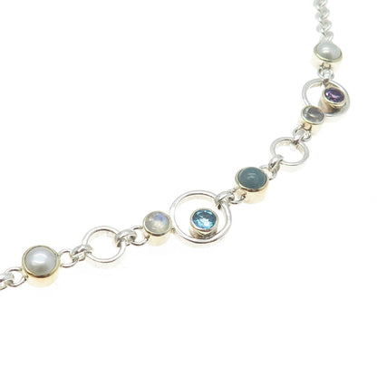 925 Sterling Silver Pearl Amethyst Blue Topaz Fiber Optic Cat's Eye Necklace 18"