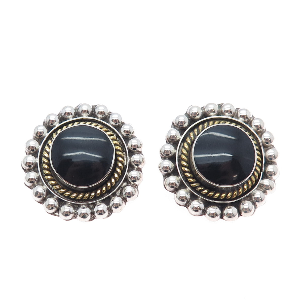 925 Sterling 2-Tone Vintage Mexico Black Onyx Beaded Oxidized Clip On Earrings