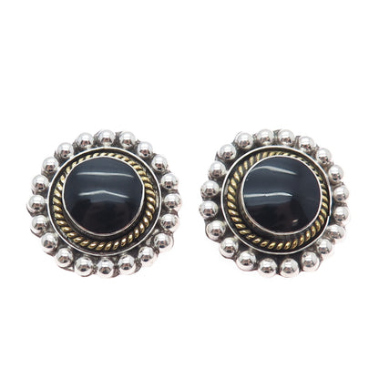 925 Sterling 2-Tone Vintage Mexico Black Onyx Beaded Oxidized Clip On Earrings