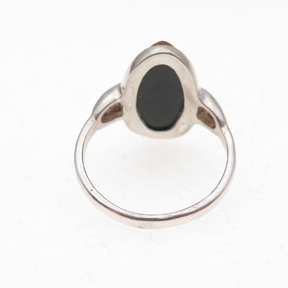 925 Sterling Silver Vintage Real Amber Modernist Oxidized Ring Size 5.75