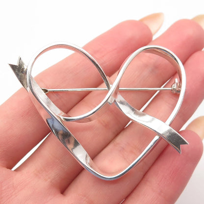 925 Sterling Silver Vintage Open Heart Ribbon Pin Brooch
