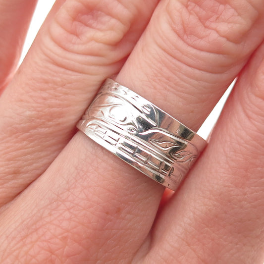 Norman Seaweed Old Pawn Sterling Vintage First Nation Wolf Band Ring Size 7.5