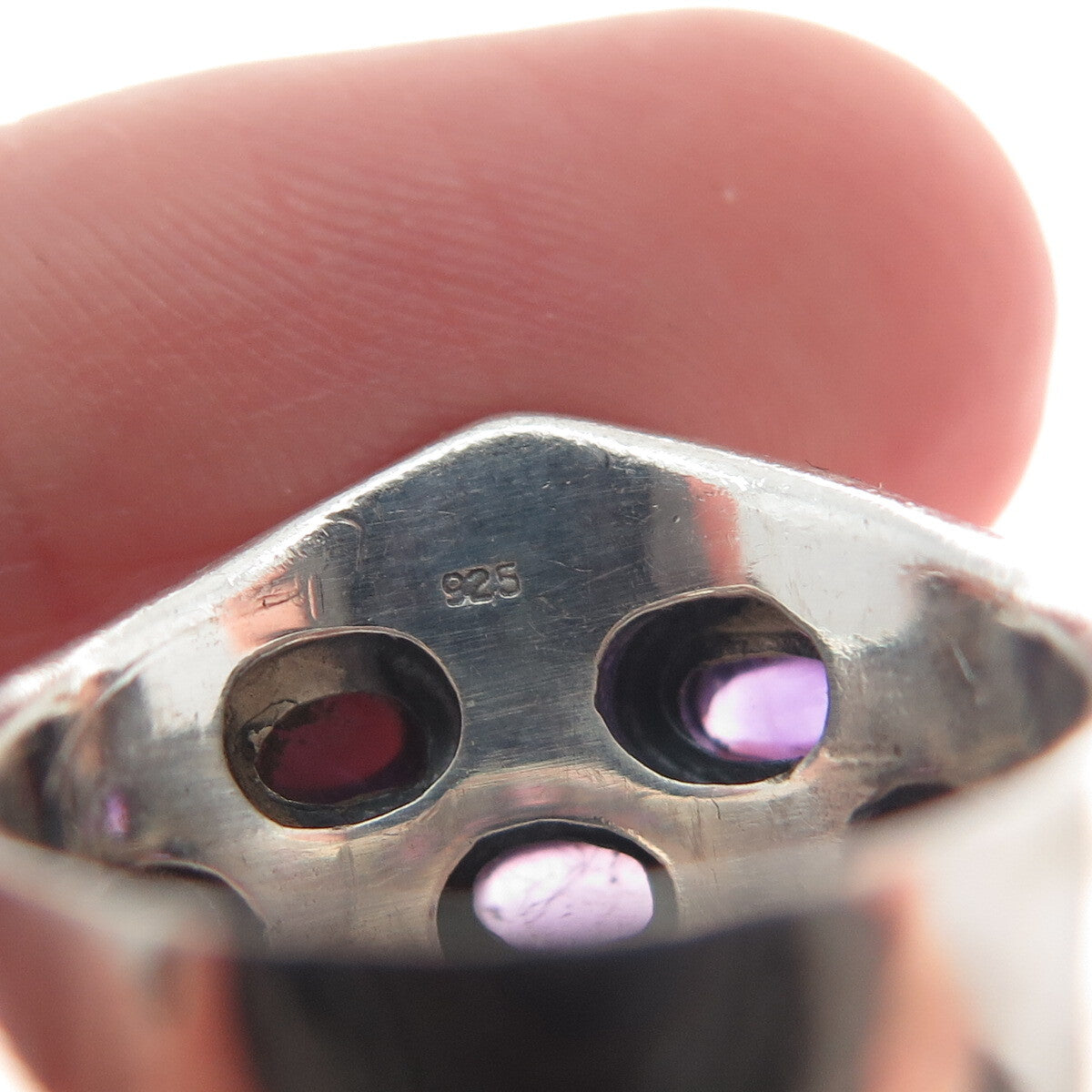 925 Sterling Silver Vintage Real Amethyst Modernist Oxidized Ring Size 5.5