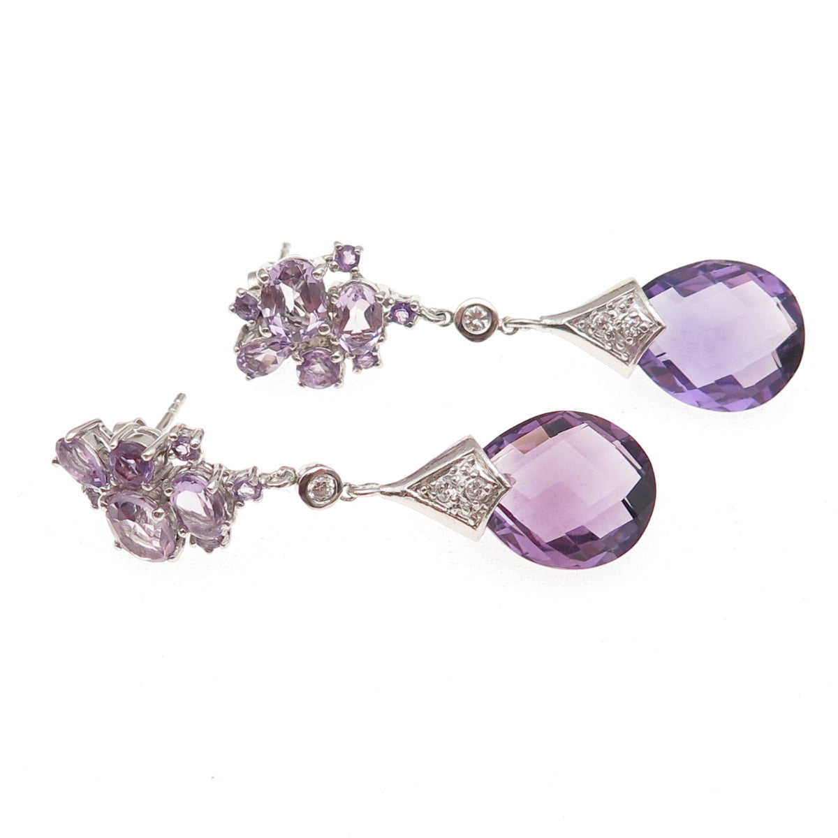925 Sterling Silver Real Amethyst & C Z Drop Dangle Earrings