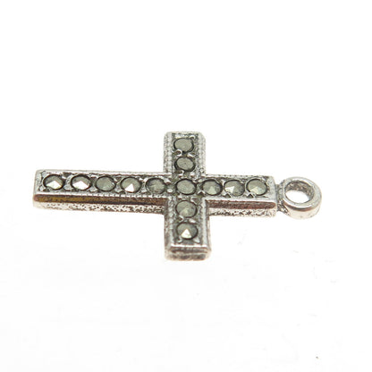 925 Sterling Silver Antique Art Deco Real Marcasite Cross Minimalist Pendant