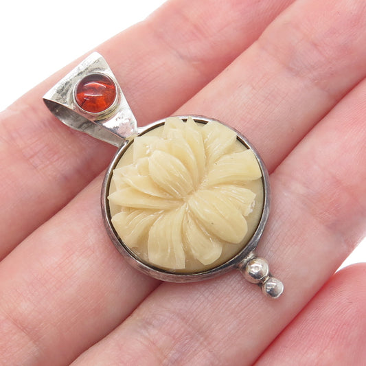 925 Sterling Silver Vintage Real Red Amber & Carved MOP Flower Pendant