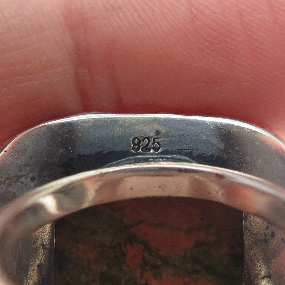 925 Sterling Silver Vintage Real Cushion-Cut Unakite Roped Ring Size 8.25