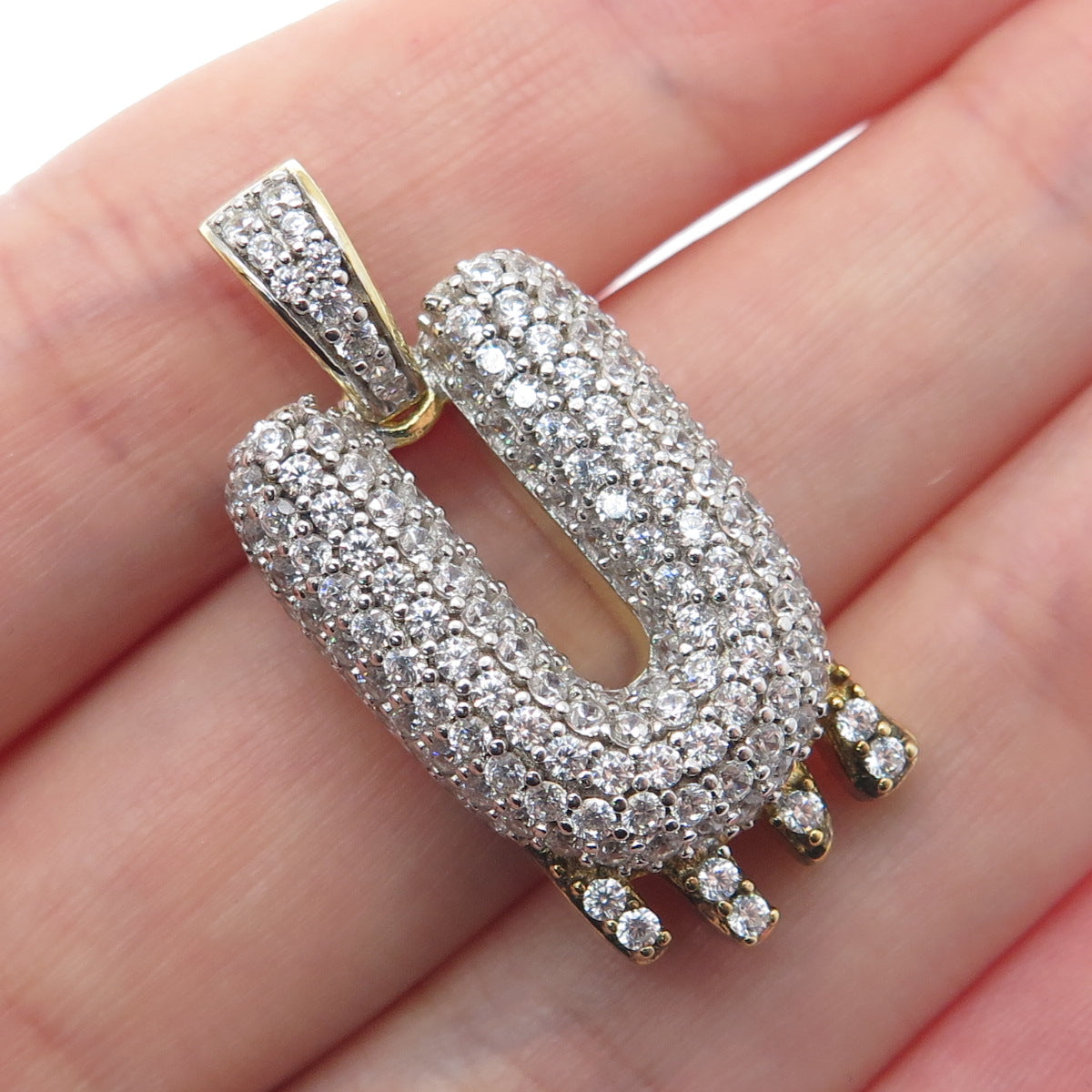 925 Sterling Silver Gold Plated Round-Cut Shaped C Z Letter U Sparkle Pendant