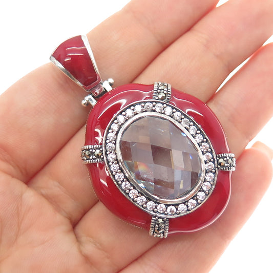 925 Sterling Silver Vintage Enamel Real Marcasite & C Z Charm Pendant