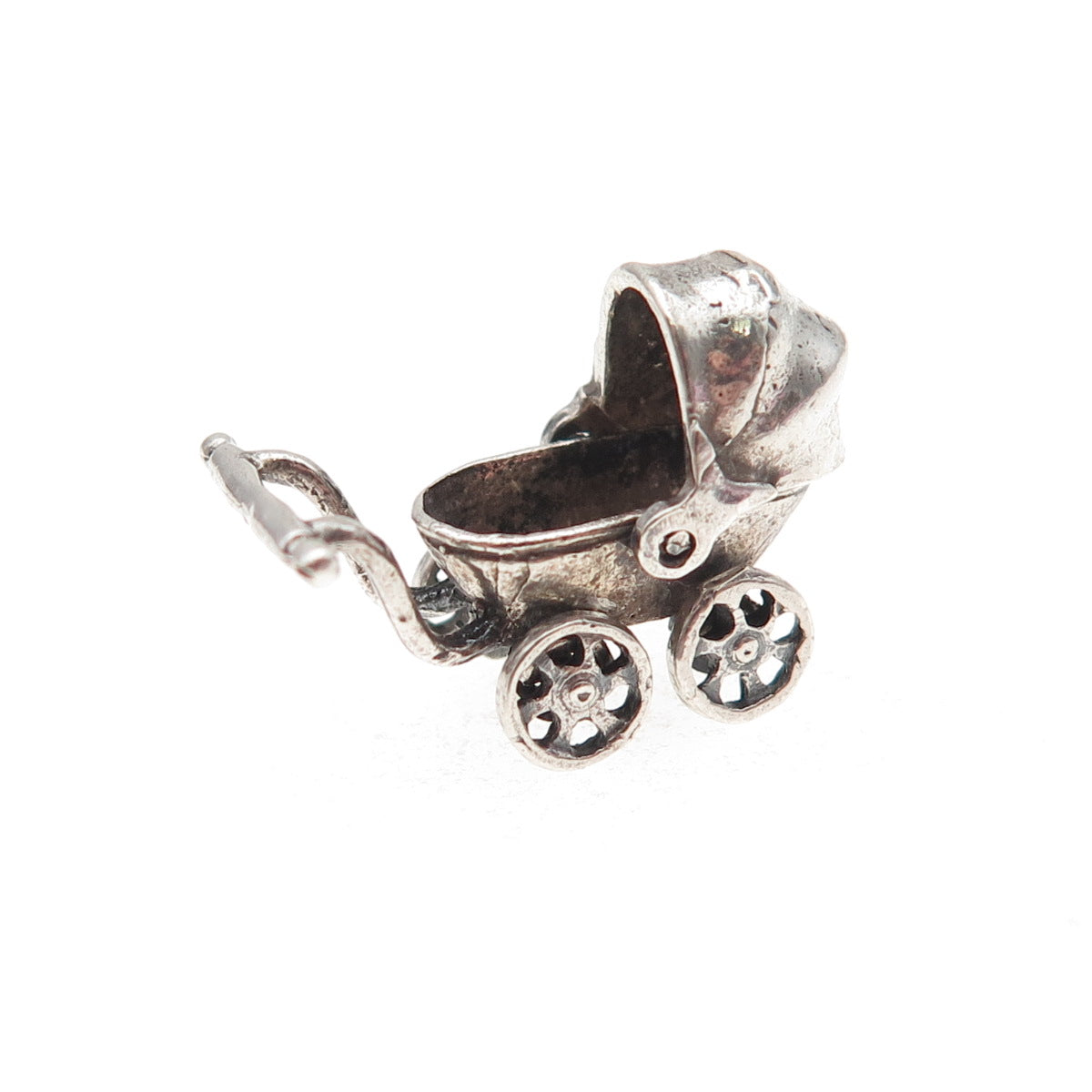 925 Sterling Silver Vintage Baby Stroller Oxidized Movable 3D Mini Charm Pendant
