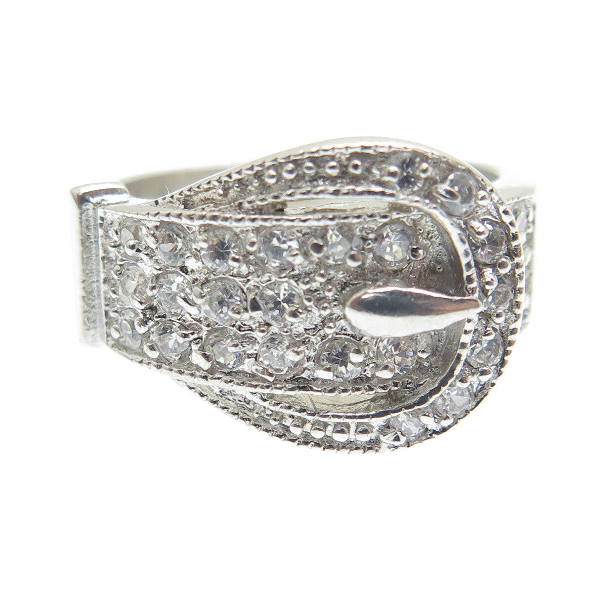 925 Sterling Silver Round-Cut Shaped C Z Belt Buckle Ring Size 5.5