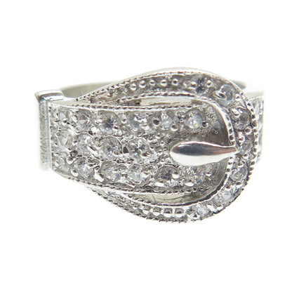 925 Sterling Silver Round-Cut Shaped C Z Belt Buckle Ring Size 5.5