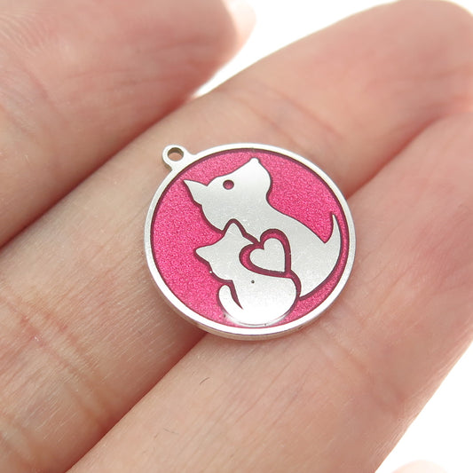 Tokemoti 925 Sterling Silver Pink Enamel Cat & Dog Round Tag Minimalist Pendant